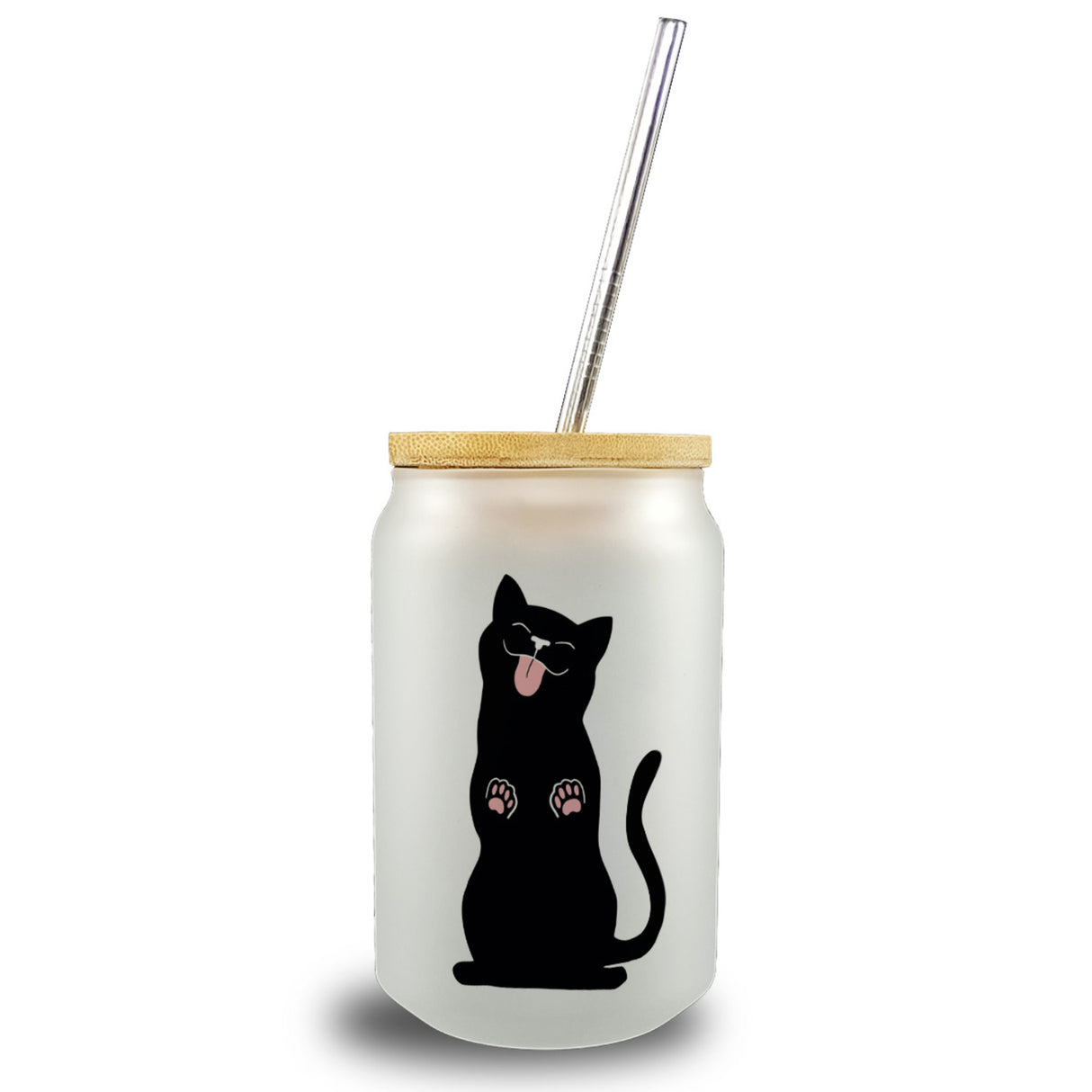Schwarze Katze Trinkglas mit Bambusdeckel