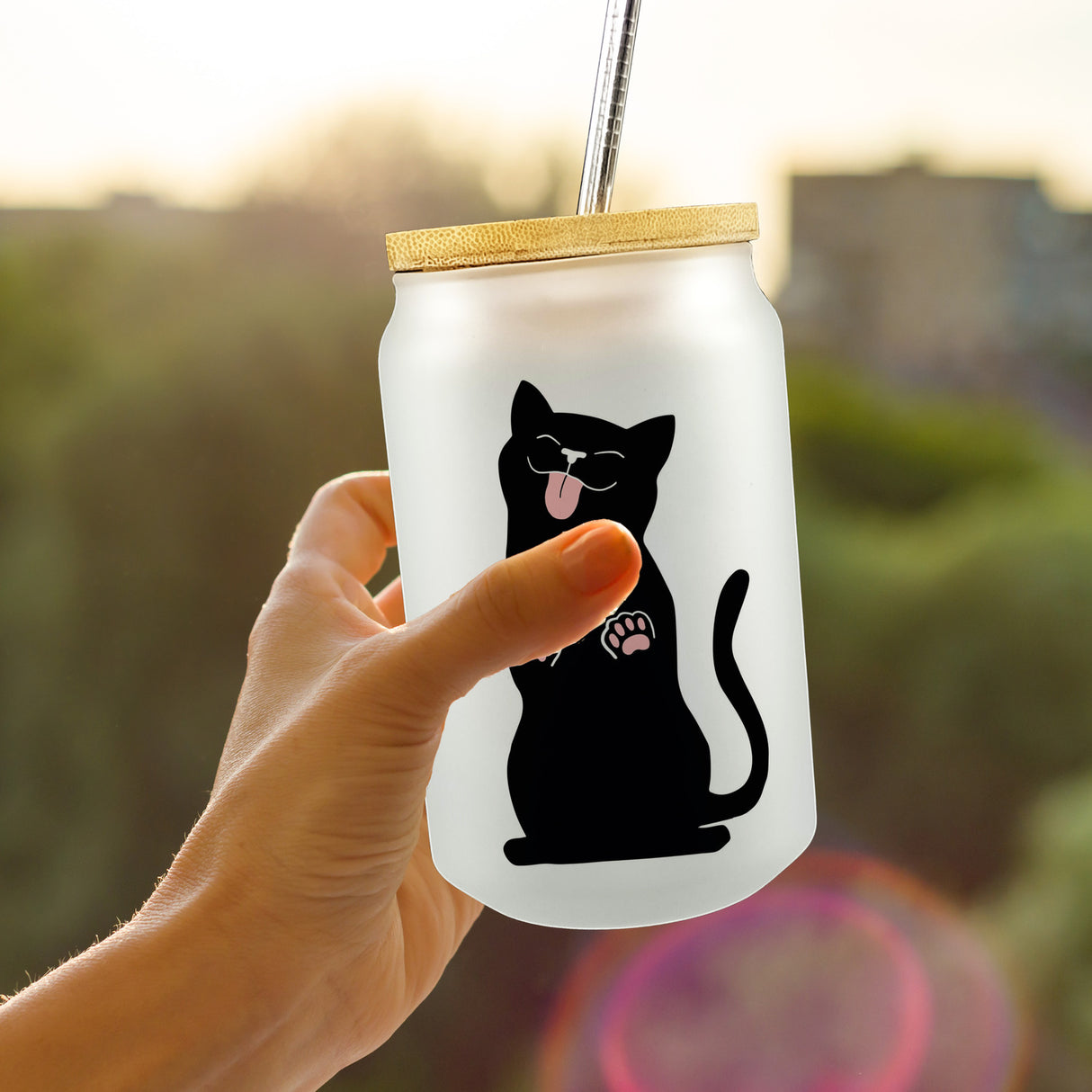 Schwarze Katze Trinkglas mit Bambusdeckel