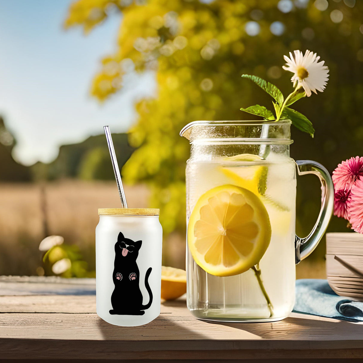 Schwarze Katze Trinkglas mit Bambusdeckel