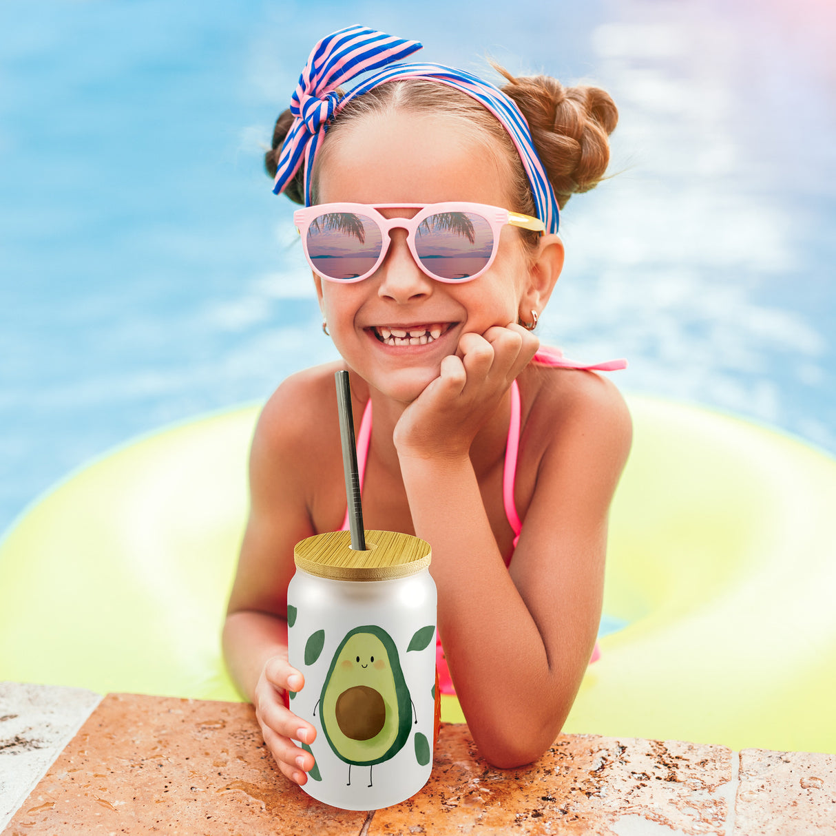 Avocado Trinkglas mit Bambusdeckel im Aquarell-Stil