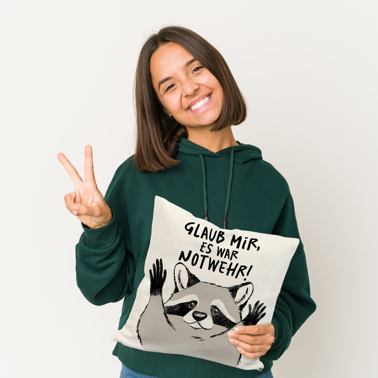 Waschbär Kissen mit Spruch Glaub mir es war Notwehr