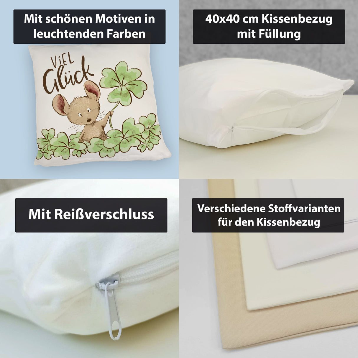 Maus Kissen mit Spruch Viel Glück
