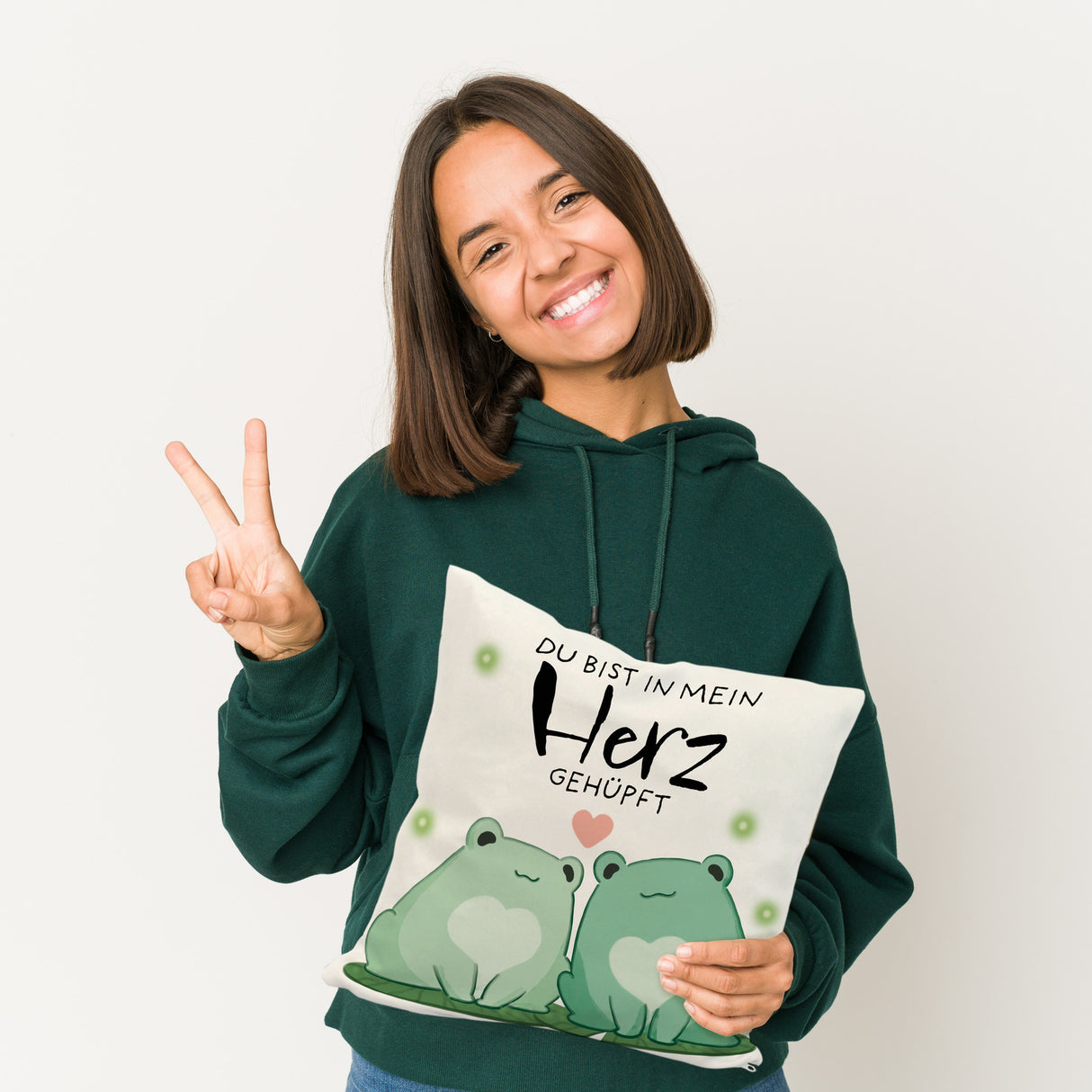 Frosch Kissen mit Spruch Du bist in mein Herz gehüpft