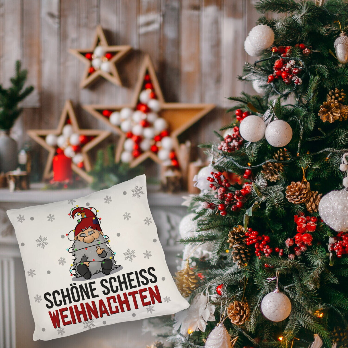 Grimmiger Wichtel Kissen mit Spruch Schöne scheiß Weihnachten