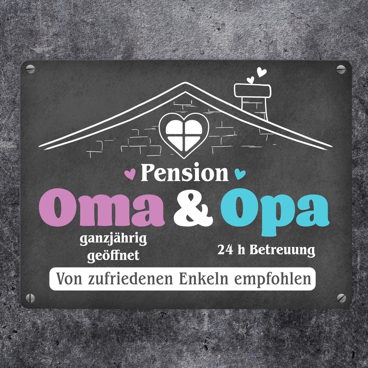 Pension Oma & Opa Metallschild in 15x20 cm mit Spruch Von zufriedenen Enkeln empfohlen