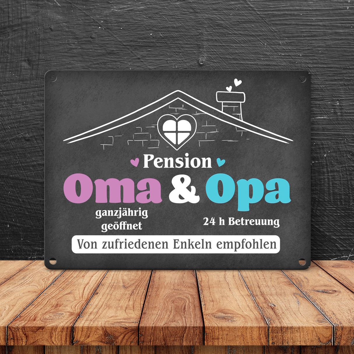 Pension Oma & Opa Metallschild in 15x20 cm mit Spruch Von zufriedenen Enkeln empfohlen