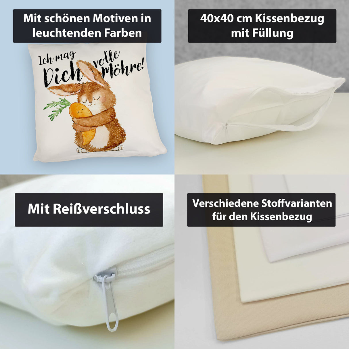 Hase Kissen mit Spruch Ich mag dich volle Möhre