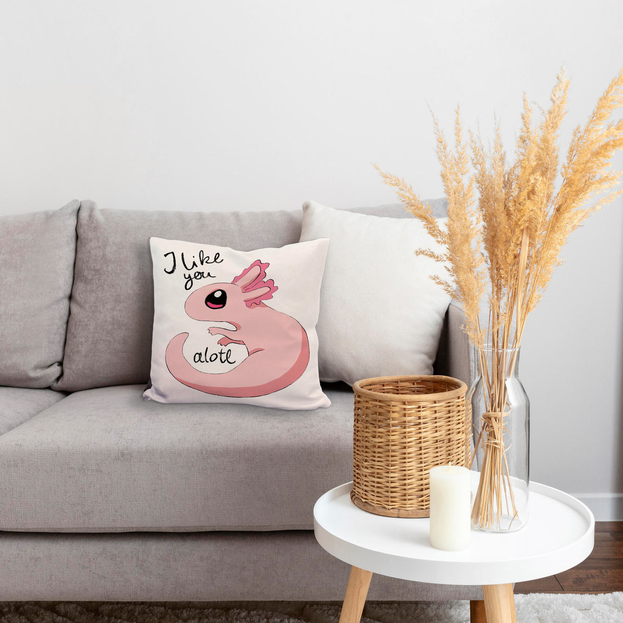 Axolotl Kissen in rosa mit Spruch I like you alotl