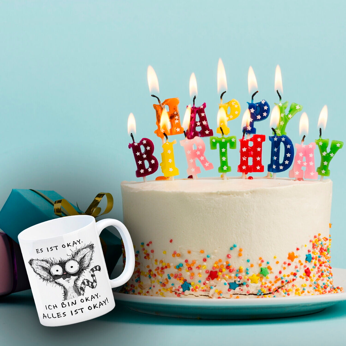 Verrückter Lemur Kaffeebecher mit Spruch Es ist okay Ich bin okay Alles ist okay