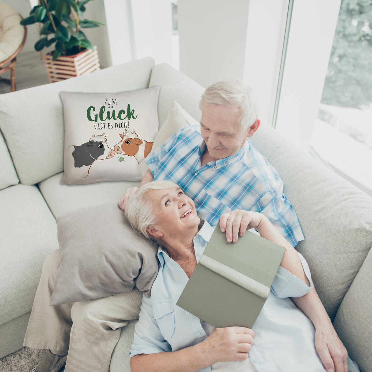 Kuh-Paar Kissen mit Spruch Zum Glück gibt es dich