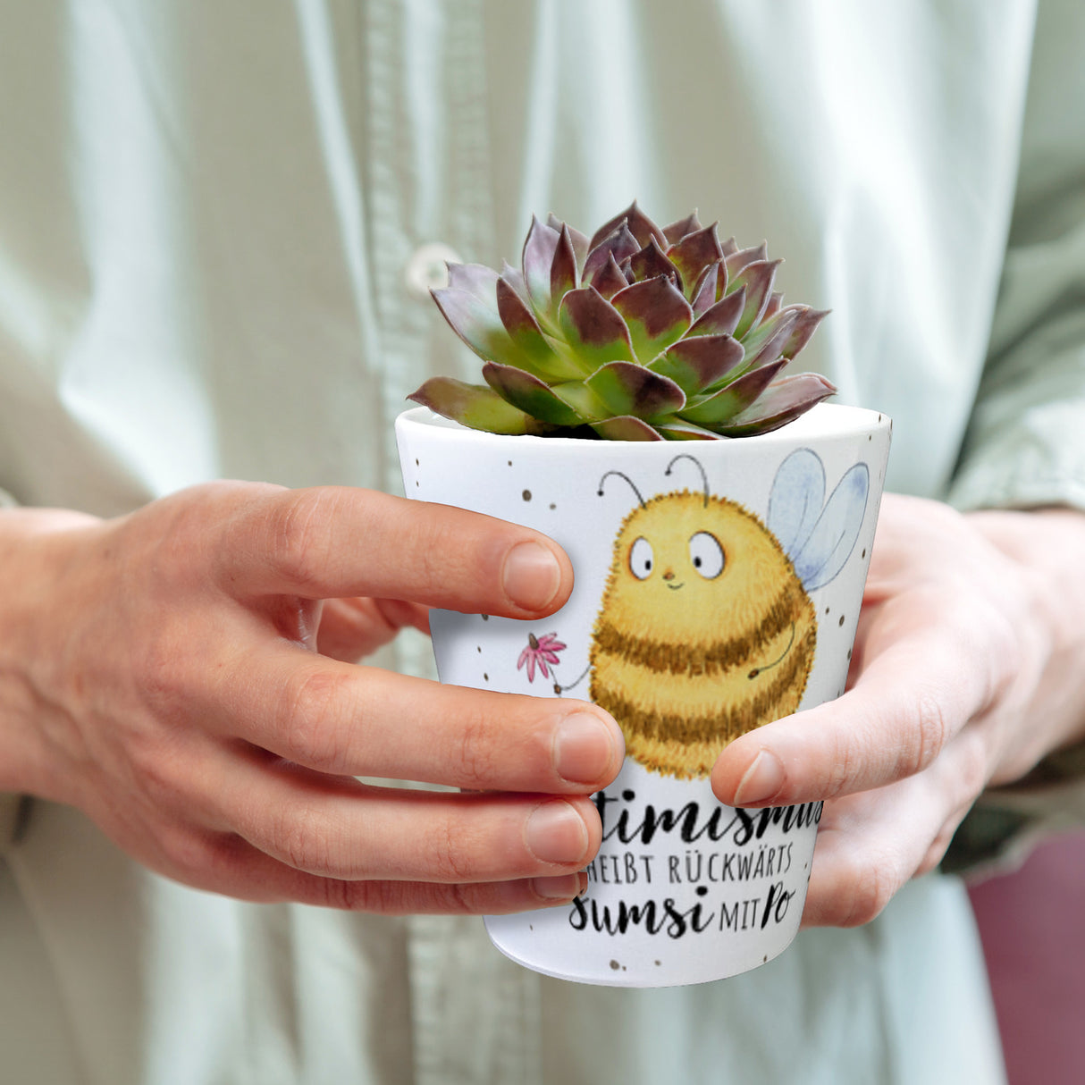 Pummel Biene Blumentopf mit Spruch Optimismus heißt rückwärts Sumsi mit Po