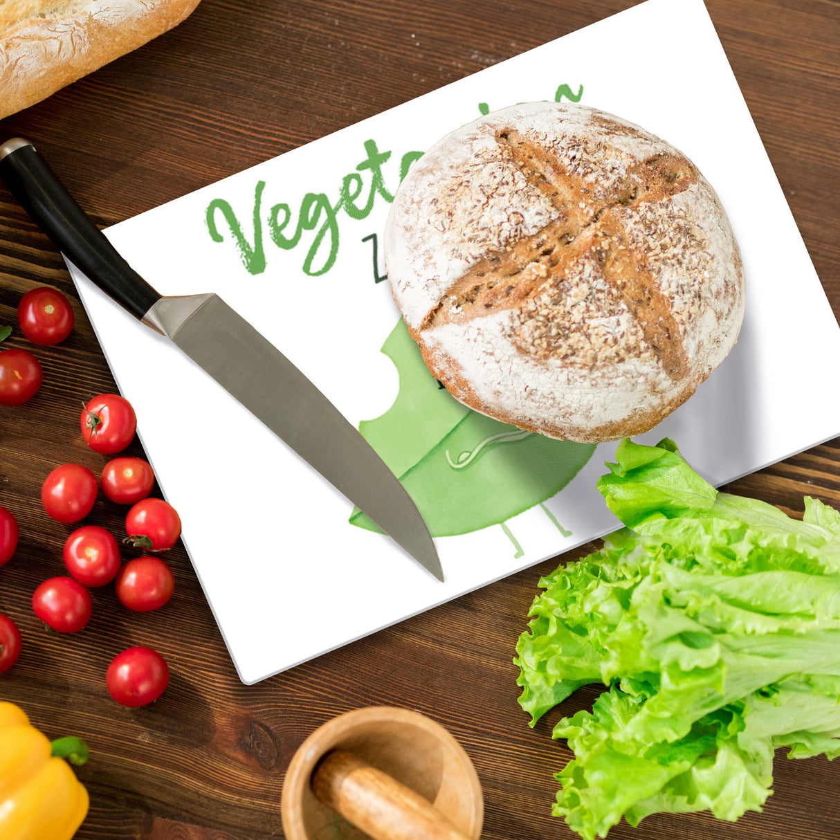 Blatt Schneidebrett aus Glas Glas mit Spruch Vegetarier Zone