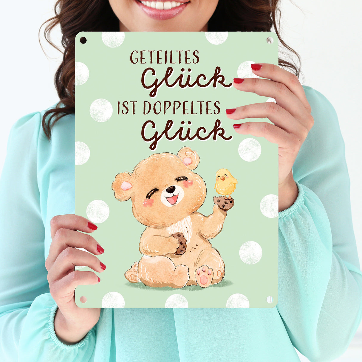 Bär Metallschild in 15x20 cm mit Spruch Geteiltes Glück ist doppeltes Glück