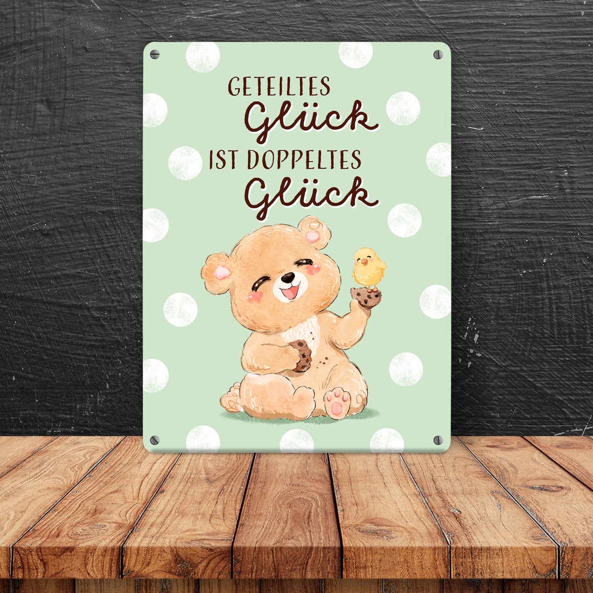 Bär Metallschild in 15x20 cm mit Spruch Geteiltes Glück ist doppeltes Glück