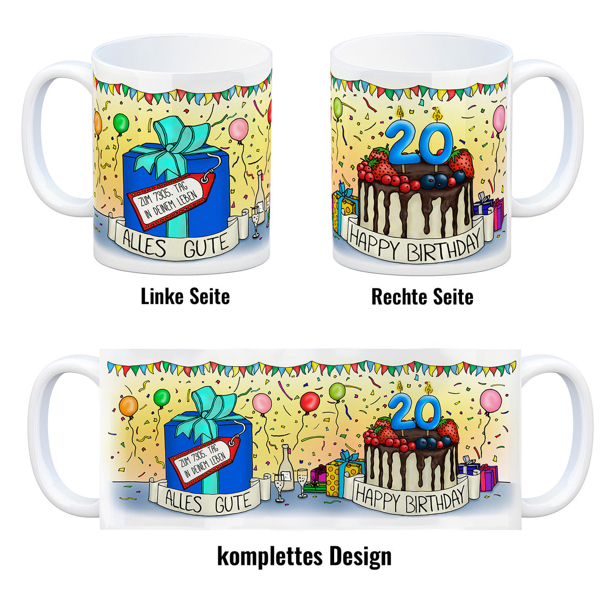 20. Geburtstag Tasse mit Kuchen und Geschenk und Anhänger: zum 7305. Tag