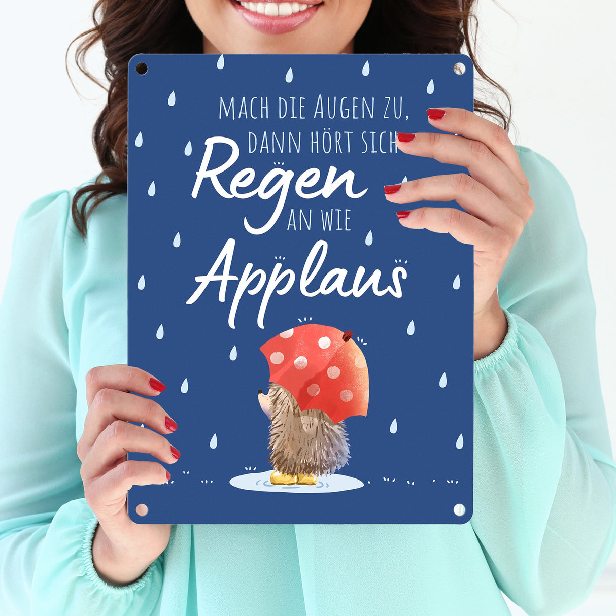 Igel mit Regenschirm Metallschild in 15x20 cm mit Spruch Regen als Applaus
