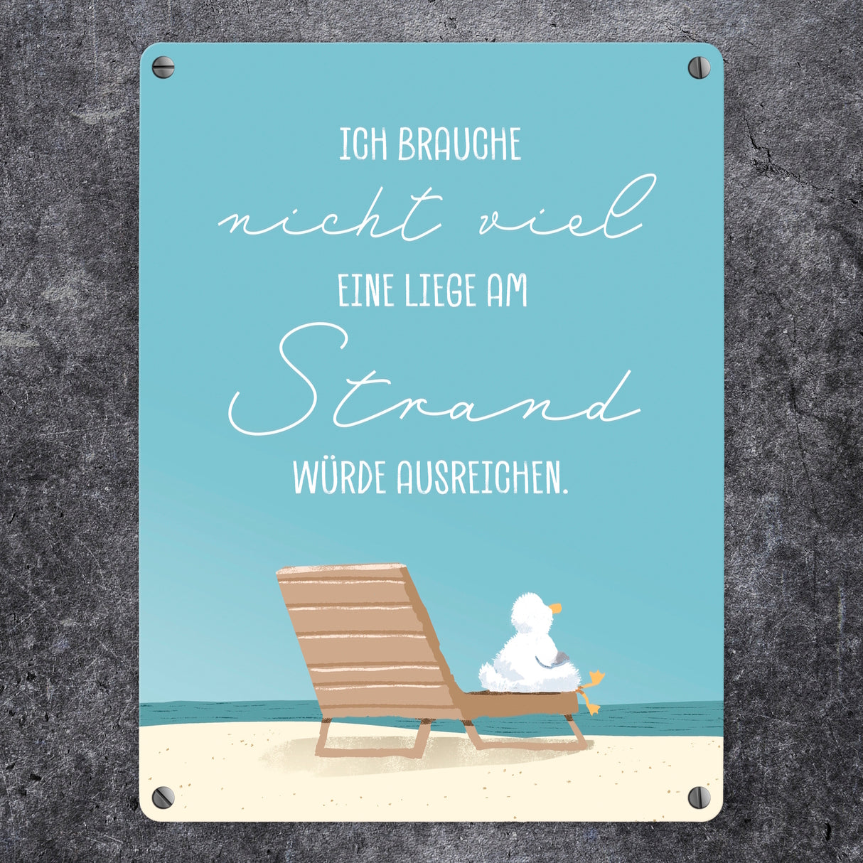 Möwe Metallschild in 15x20 cm mit Spruch Brauche nur Strandliege