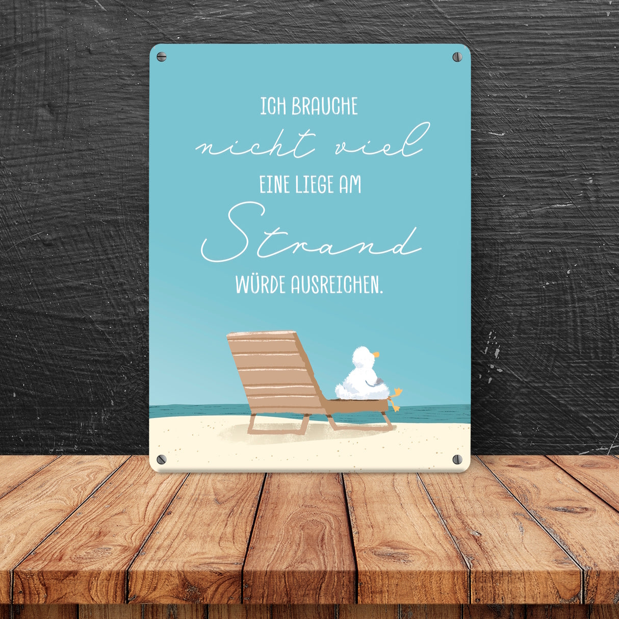 Möwe Metallschild in 15x20 cm mit Spruch Brauche nur Strandliege