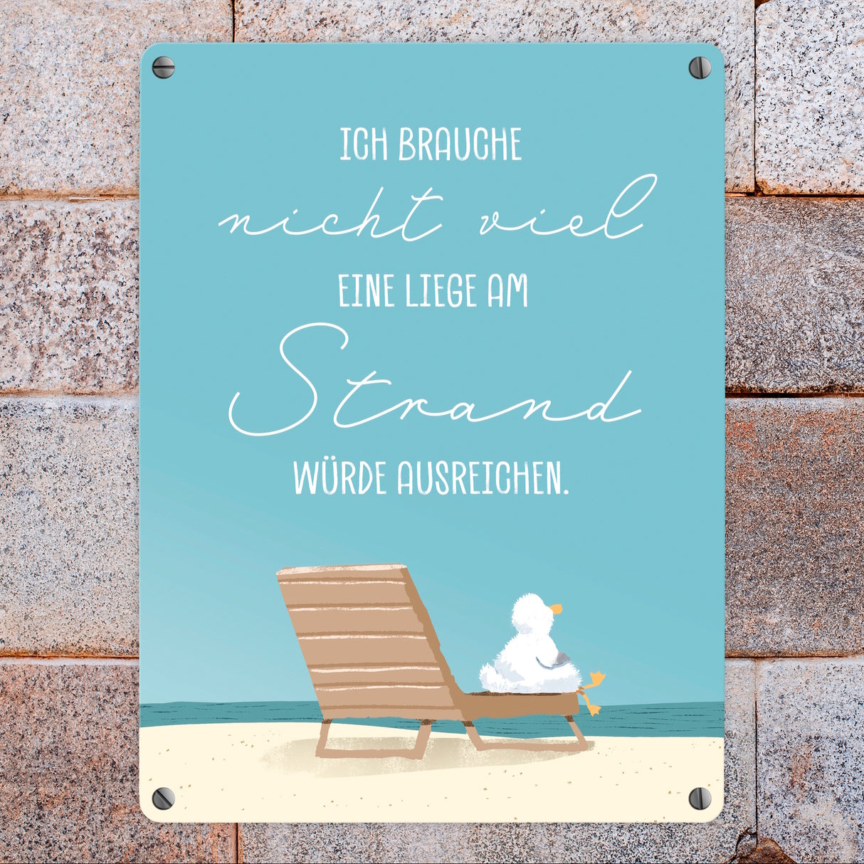 Möwe Metallschild in 15x20 cm mit Spruch Brauche nur Strandliege