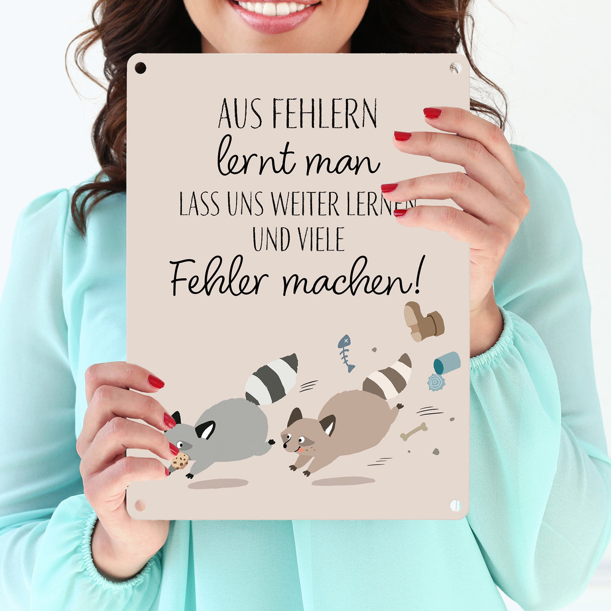 Waschbären Metallschild in 15x20 cm mit Spruch Fehler machen weiter lernen