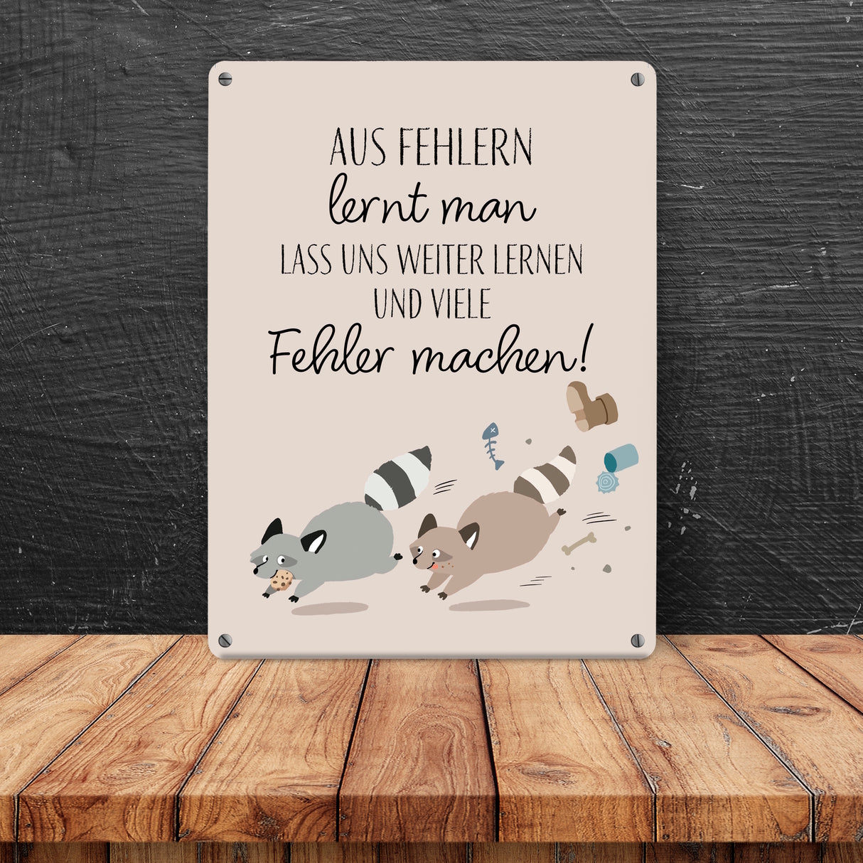 Waschbären Metallschild in 15x20 cm mit Spruch Fehler machen weiter lernen