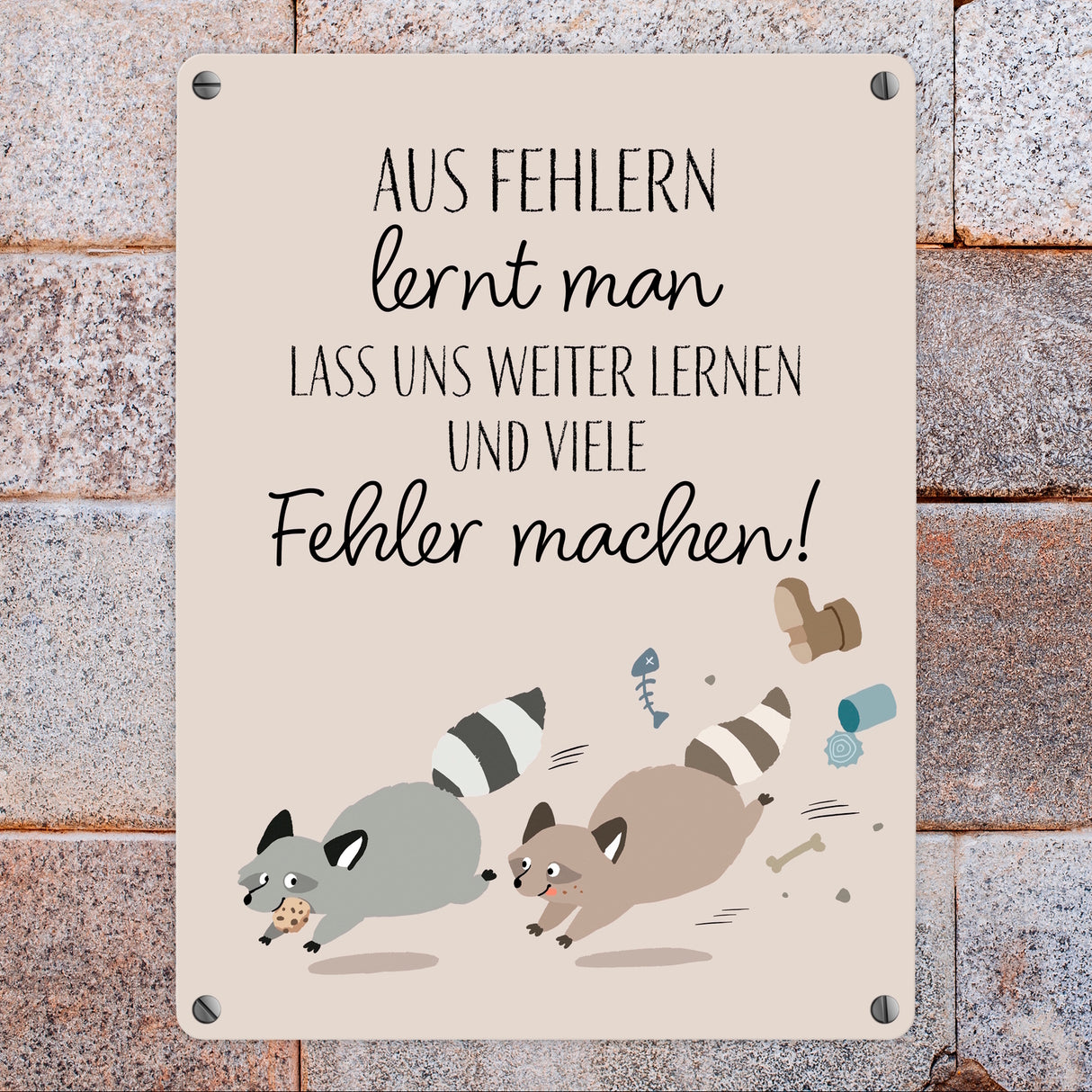 Waschbären Metallschild in 15x20 cm mit Spruch Fehler machen weiter lernen