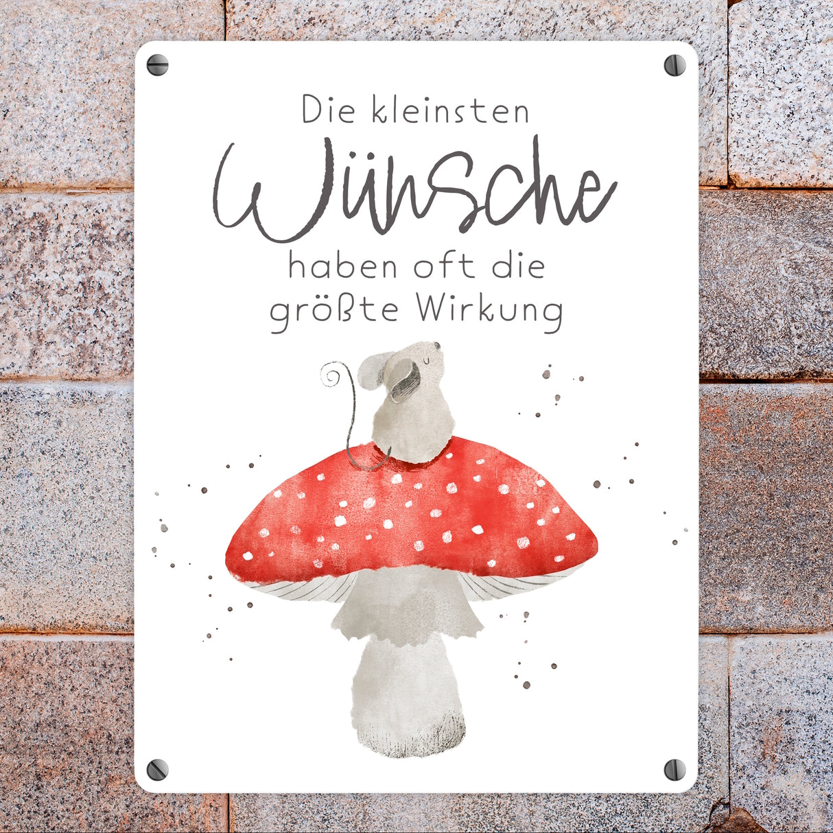 Maus auf Fliegenpilz Metallschild in 15x20 cm mit Spruch Kleinste Wünsche größte Wirkung
