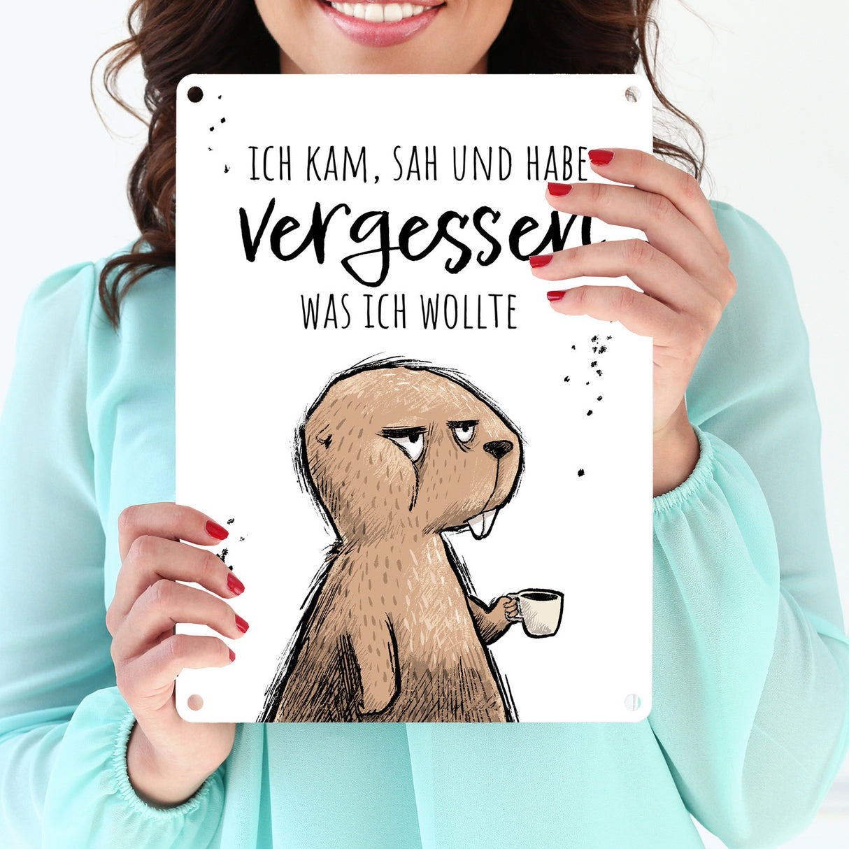 Biber Metallschild in 15x20 cm mit Spruch Kam, sah, habe vergessen