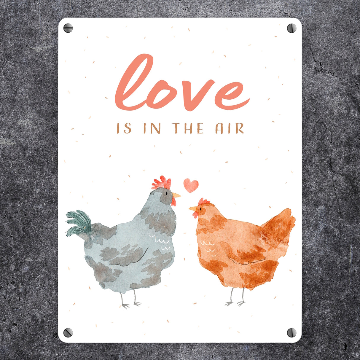 Hühner Metallschild in 15x20 cm mit Spruch Love is in the air