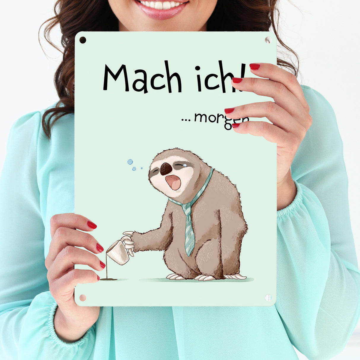 Faultier Metallschild in 15x20 cm mit Spruch Mach ich morgen