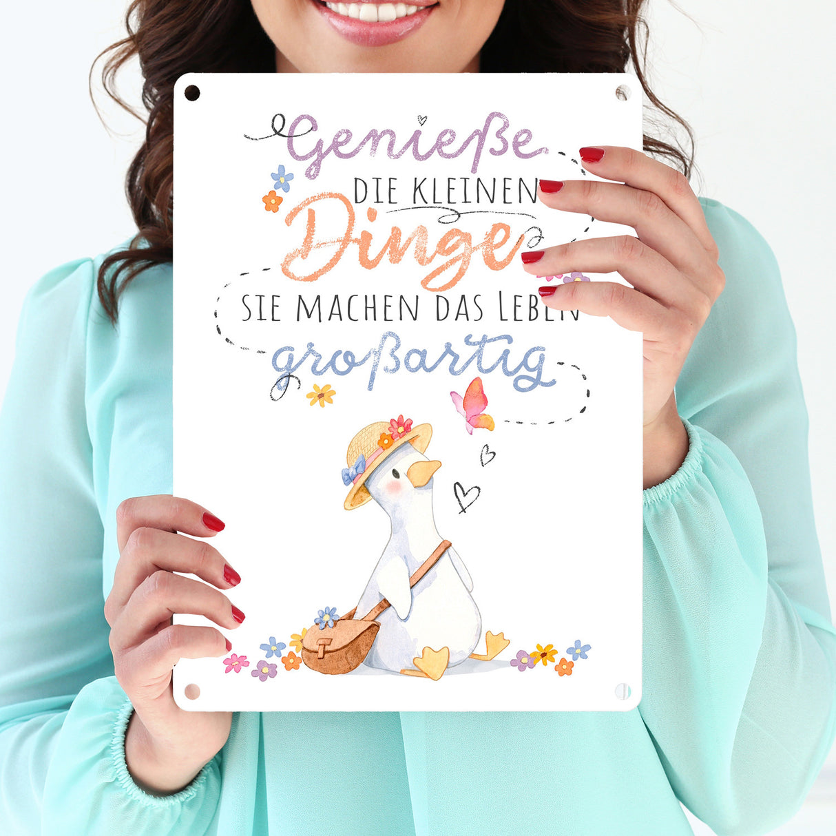 Gans Metallschild in 15x20 cm mit Spruch Kleine Dinge machen Leben großartig