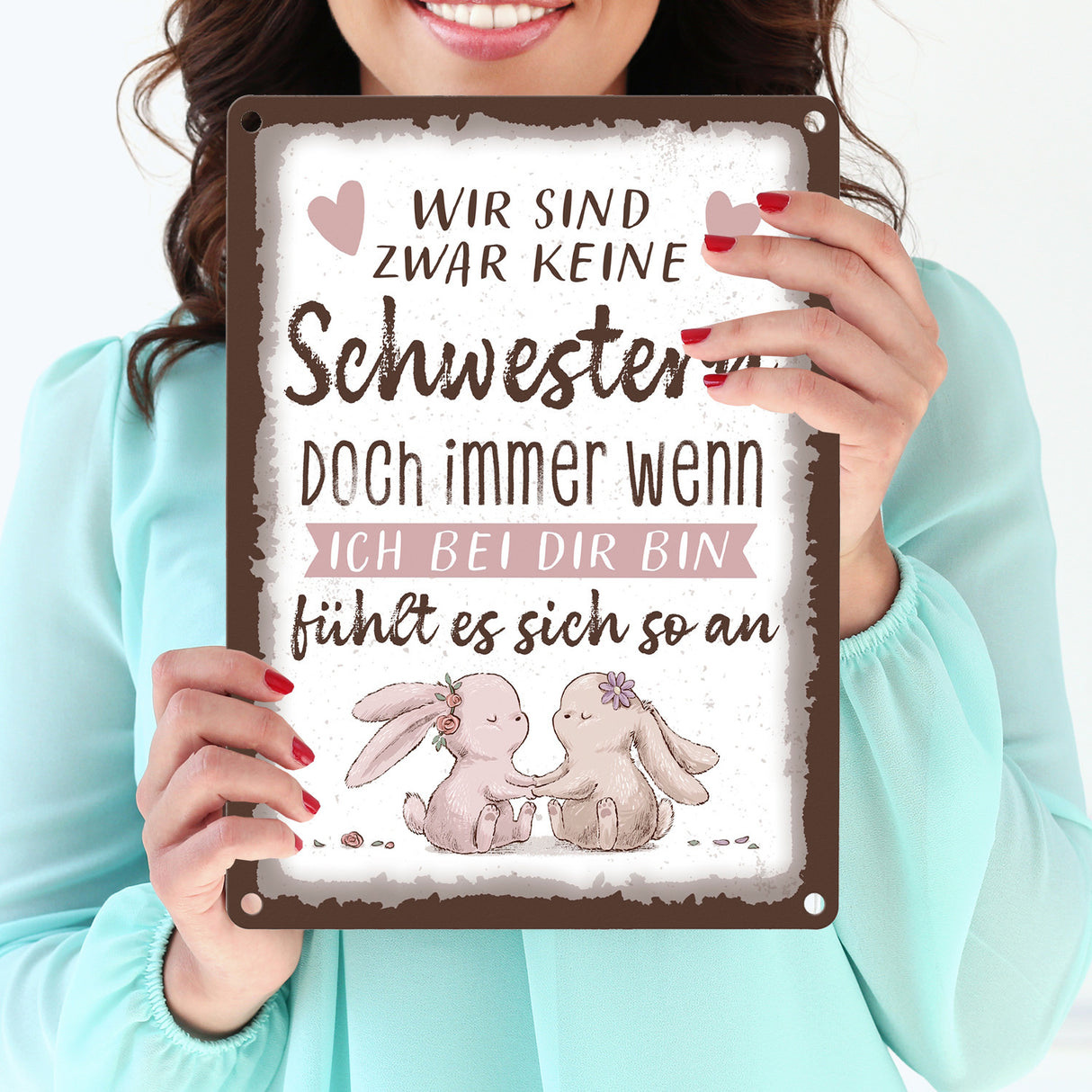 Hasen Metallschild in 15x20 cm mit Spruch Wie Schwestern Gefühl echter Verbundenheit