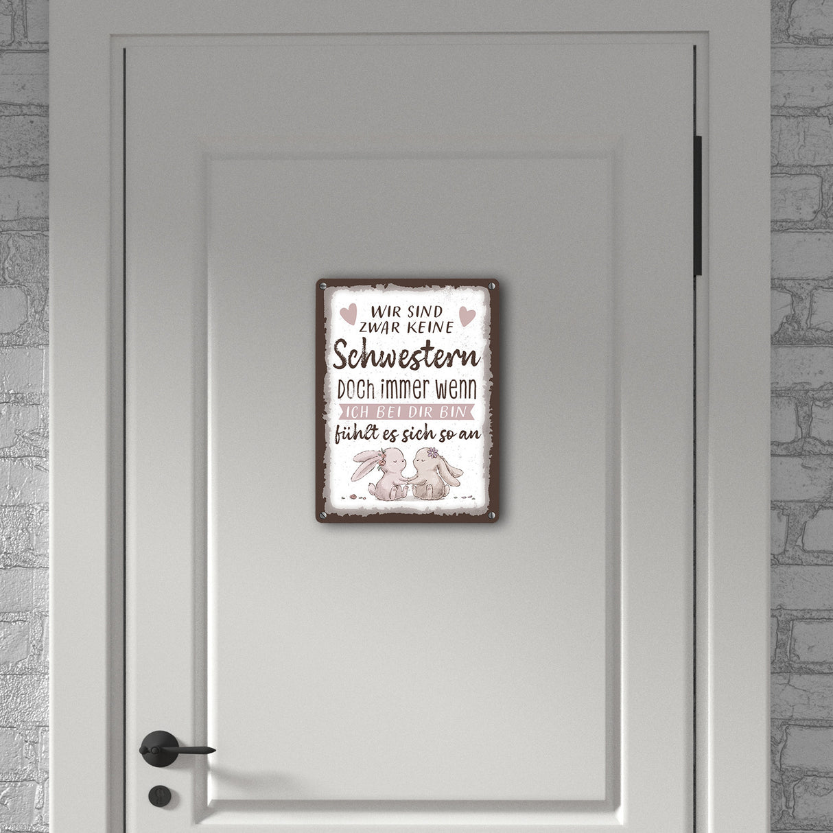Hasen Metallschild in 15x20 cm mit Spruch Wie Schwestern Gefühl echter Verbundenheit