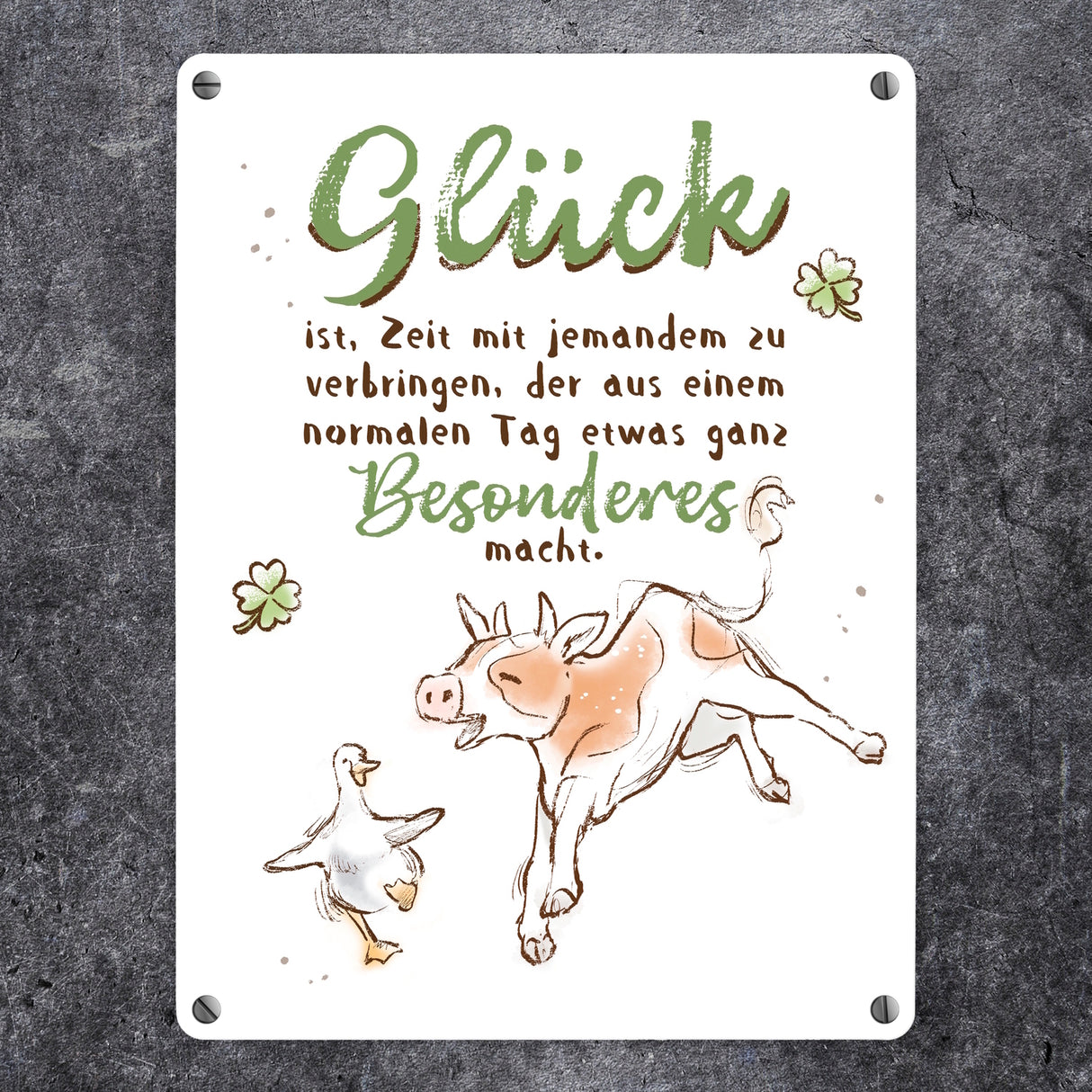Kuh und Gans Metallschild in 15x20 cm mit Spruch Glück ist besondere Zeit mit jemandem