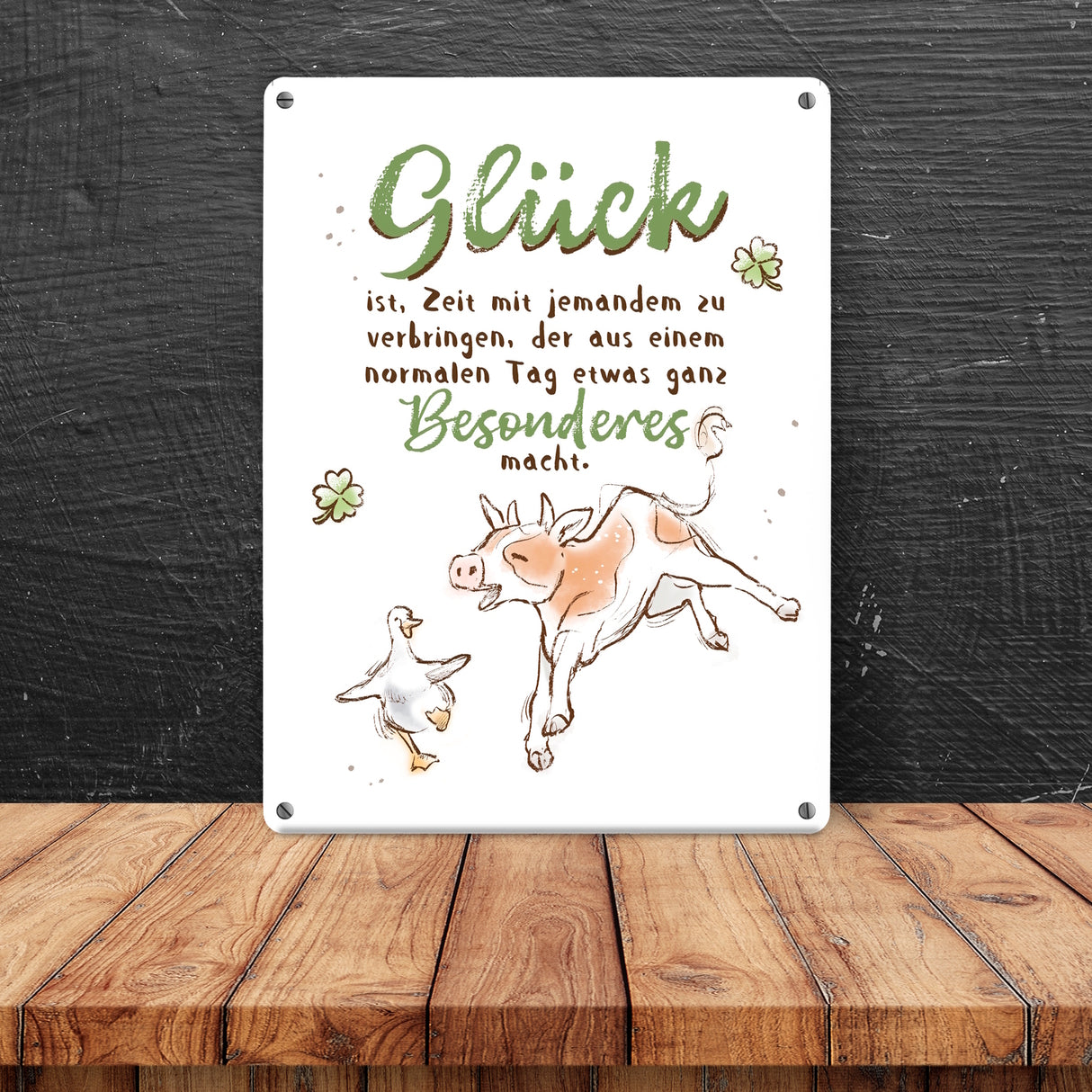 Kuh und Gans Metallschild in 15x20 cm mit Spruch Glück ist besondere Zeit mit jemandem