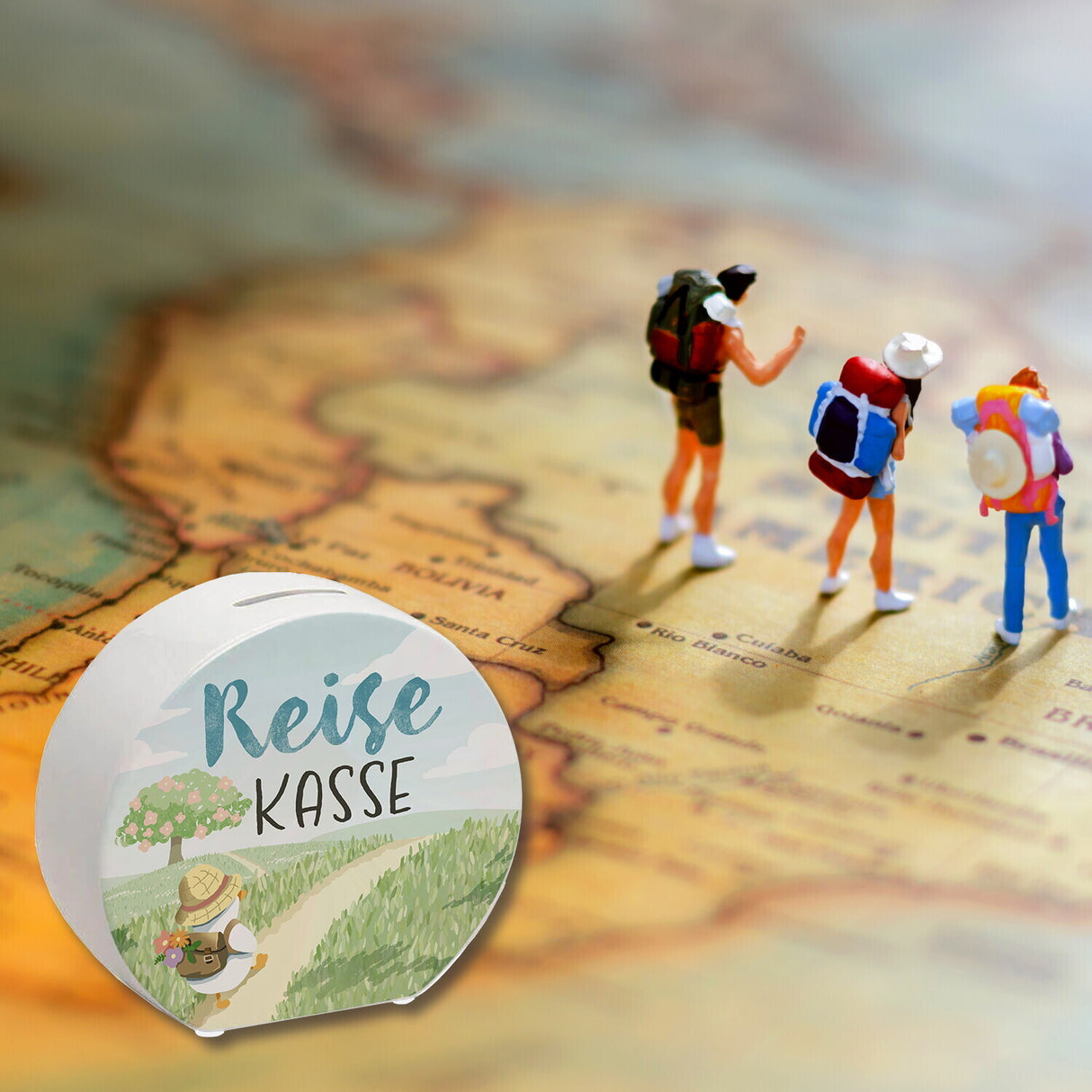 Ente auf Reisen Spardose mit Spruch Reisekasse