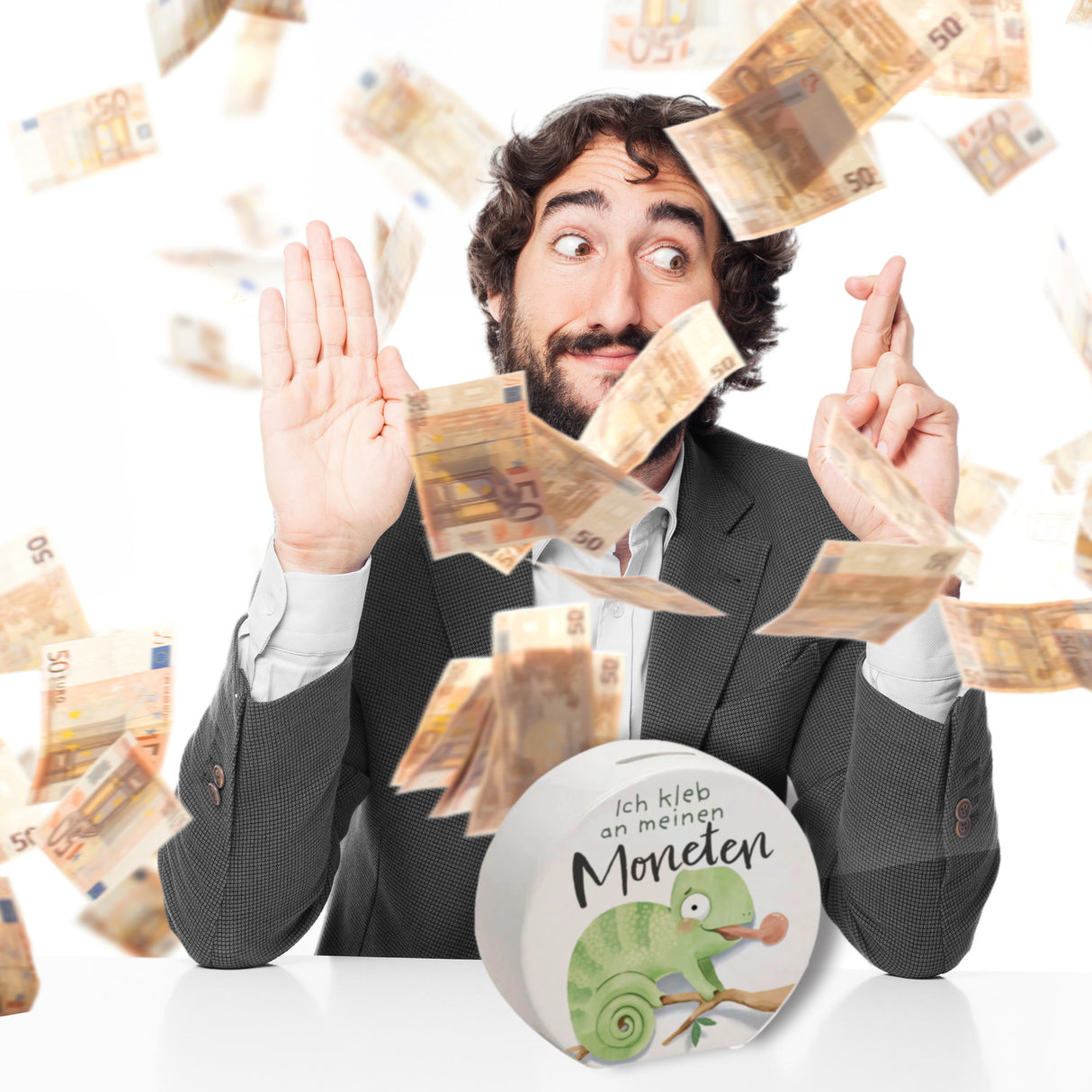 Chamäleon Spardose mit Spruch Ich kleb an meinen Moneten