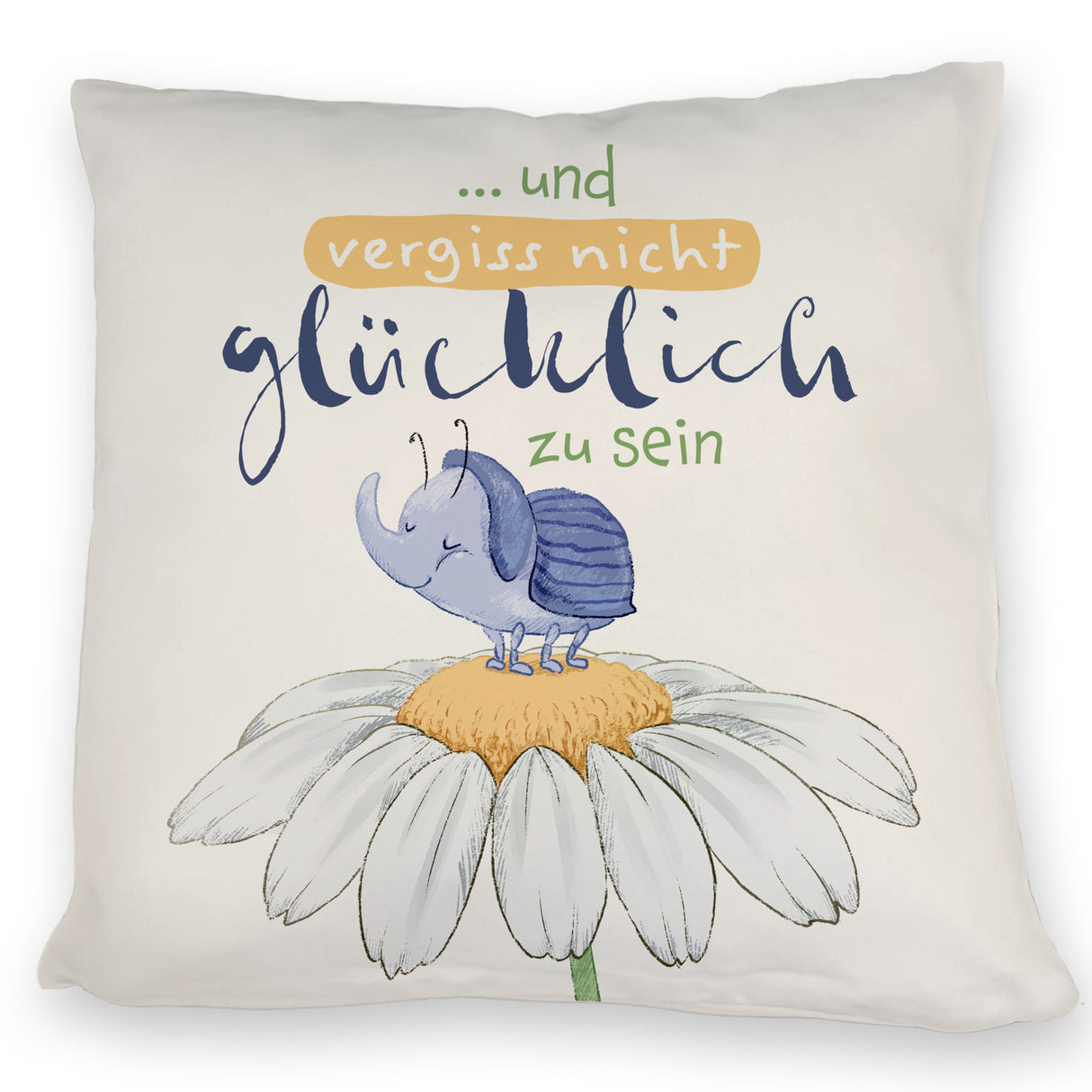 Käfer Kissen mit Spruch und vergiss nicht glücklich zu sein