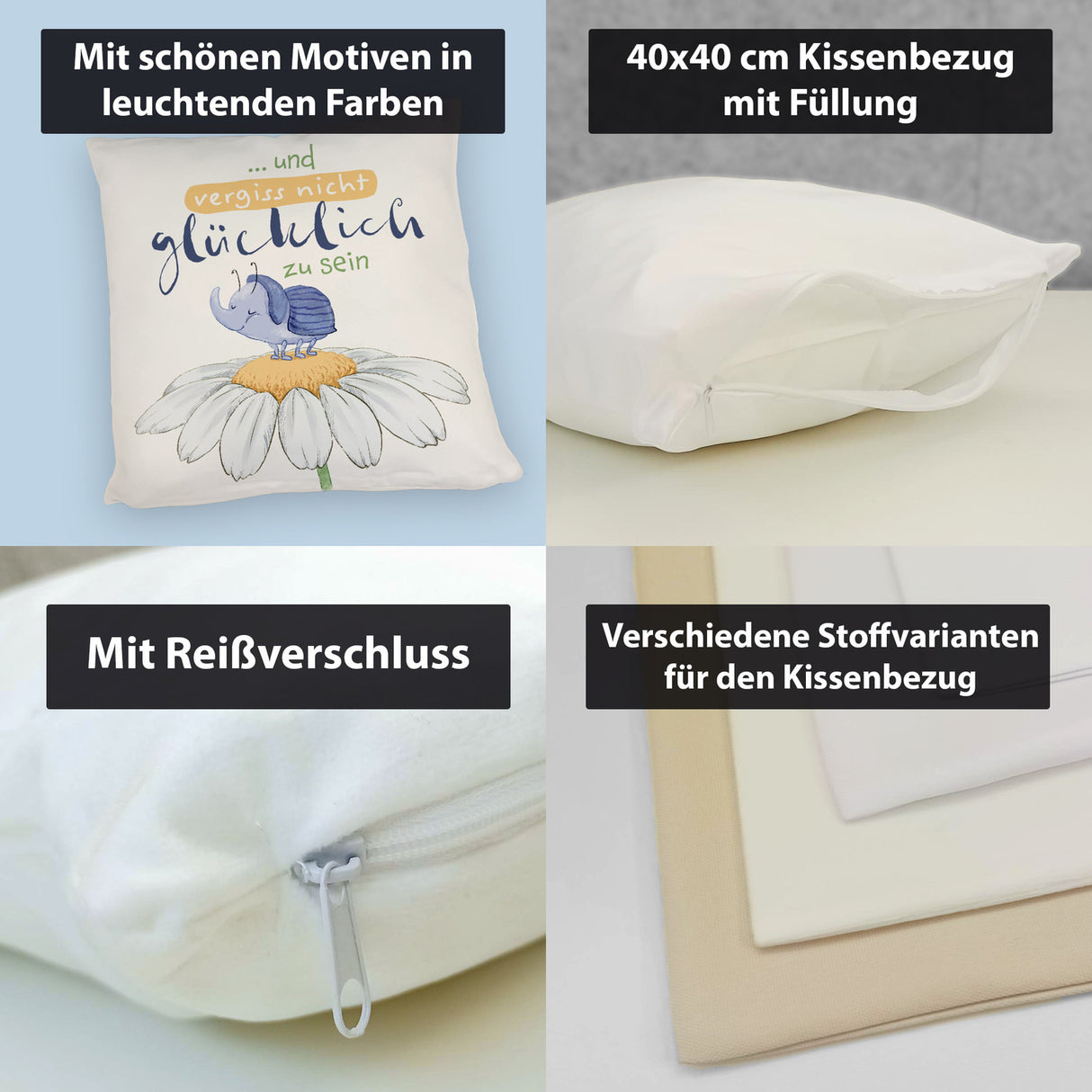 Käfer Kissen mit Spruch und vergiss nicht glücklich zu sein