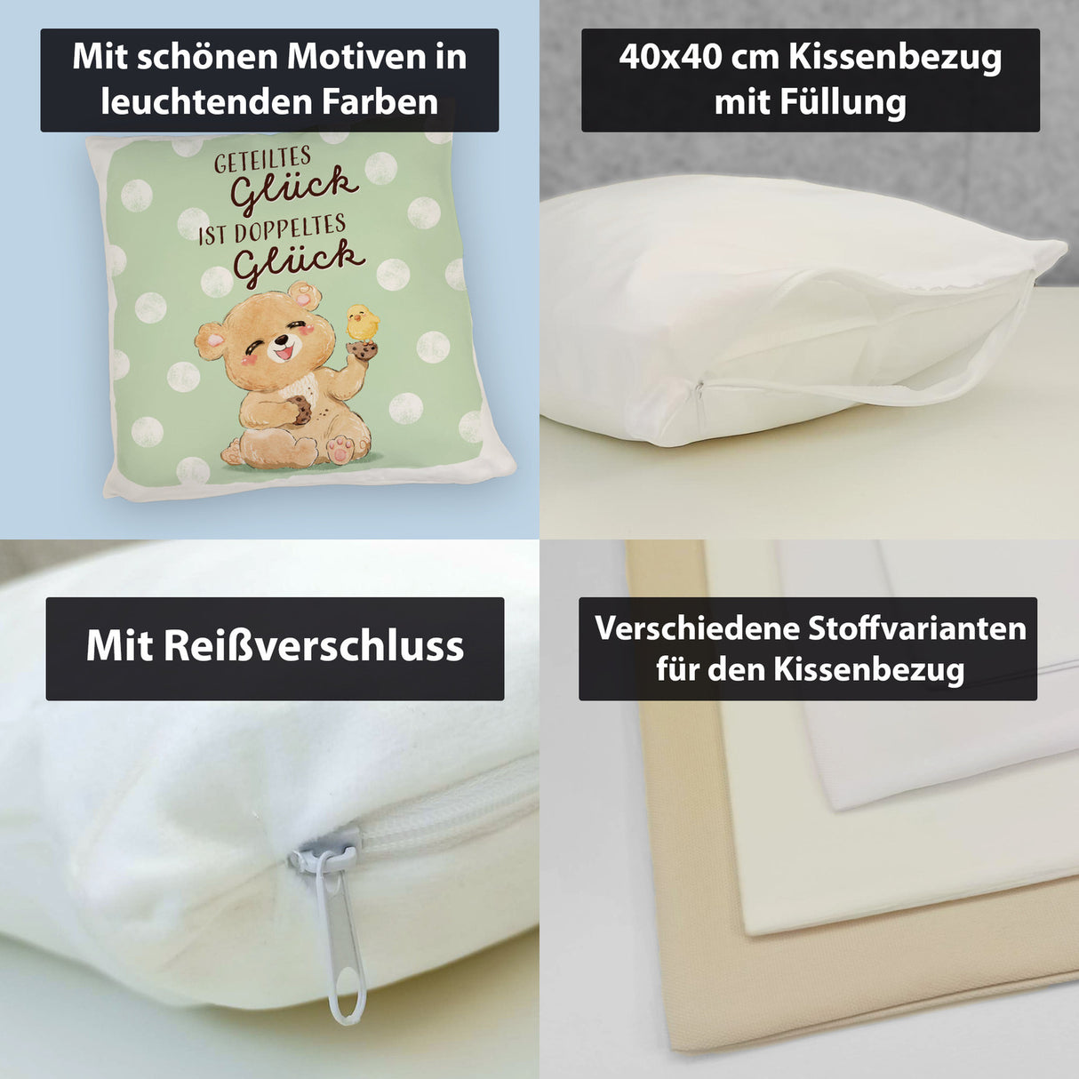 Bär Kissen mit Spruch Geteiltes Glück ist doppeltes Glück