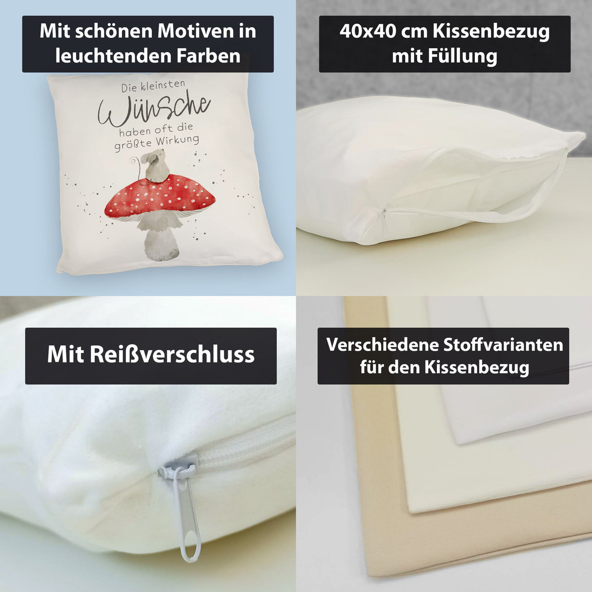 Maus auf Fliegenpilz Kissen mit Spruch Kleinste Wünsche größte Wirkung