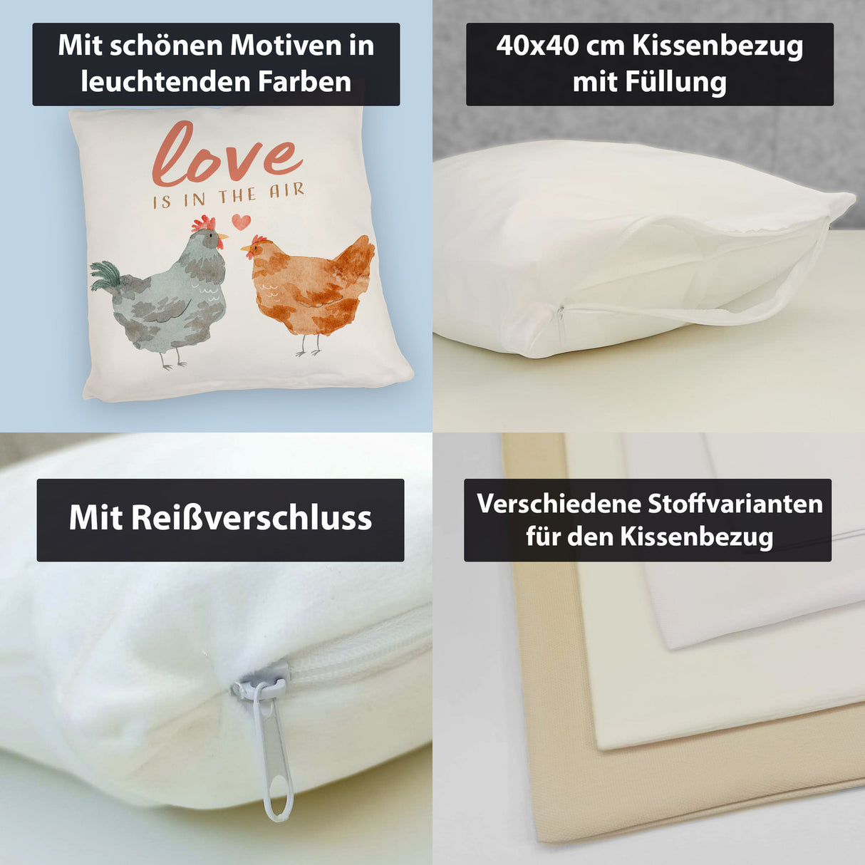 Hühner Kissen mit Spruch Love is in the air
