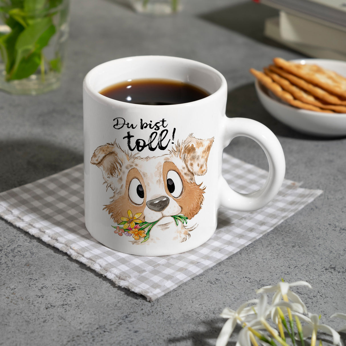 Hund Kaffeebecher mit Spruch Du bist toll