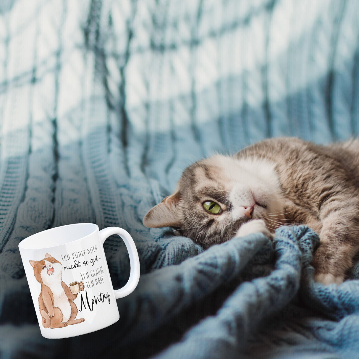 Katze Kaffeebecher mit Spruch Unwohlsein - Verdacht auf Montagsgefühl