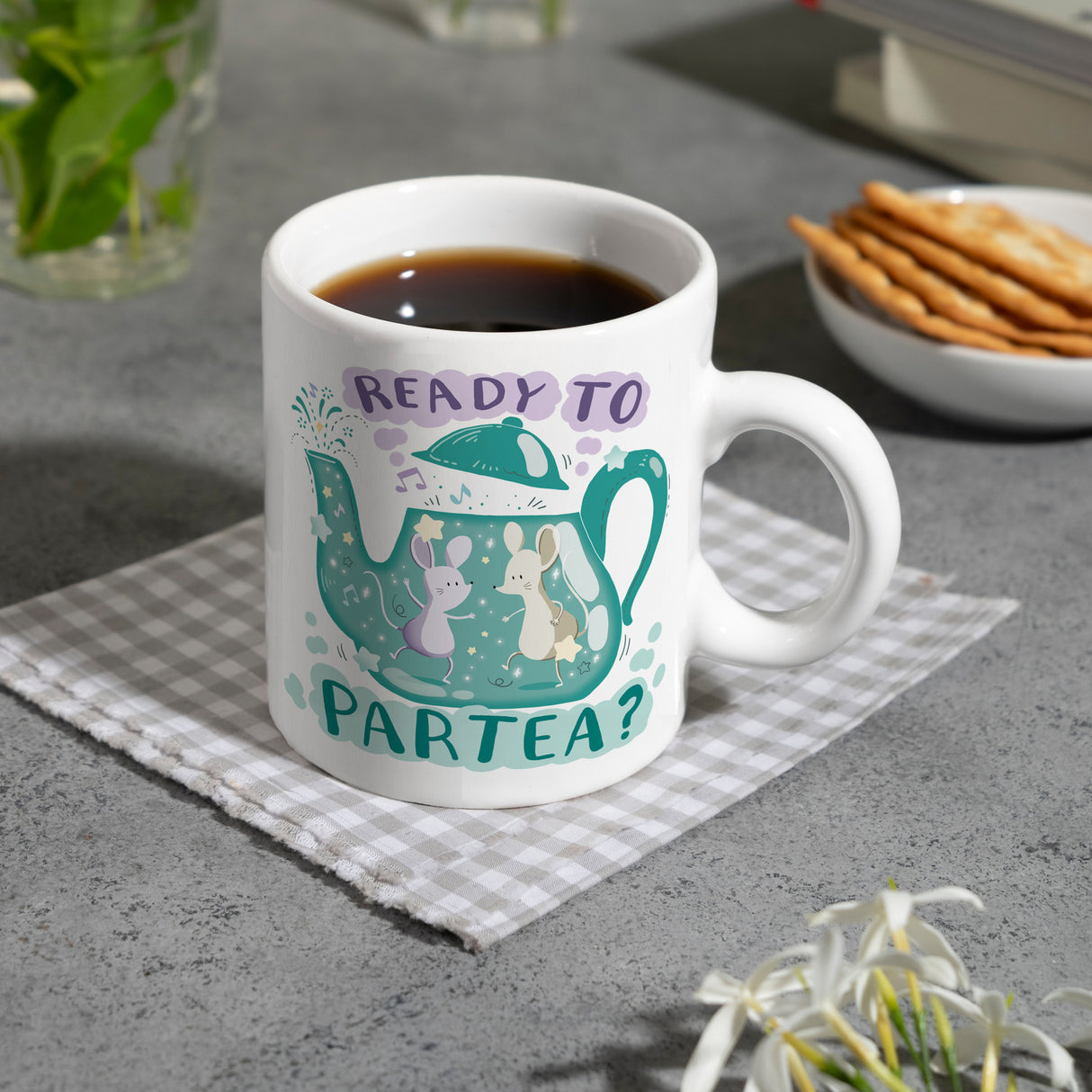 Mäuse in Teekanne Kaffeebecher mit Spruch Ready to Partea