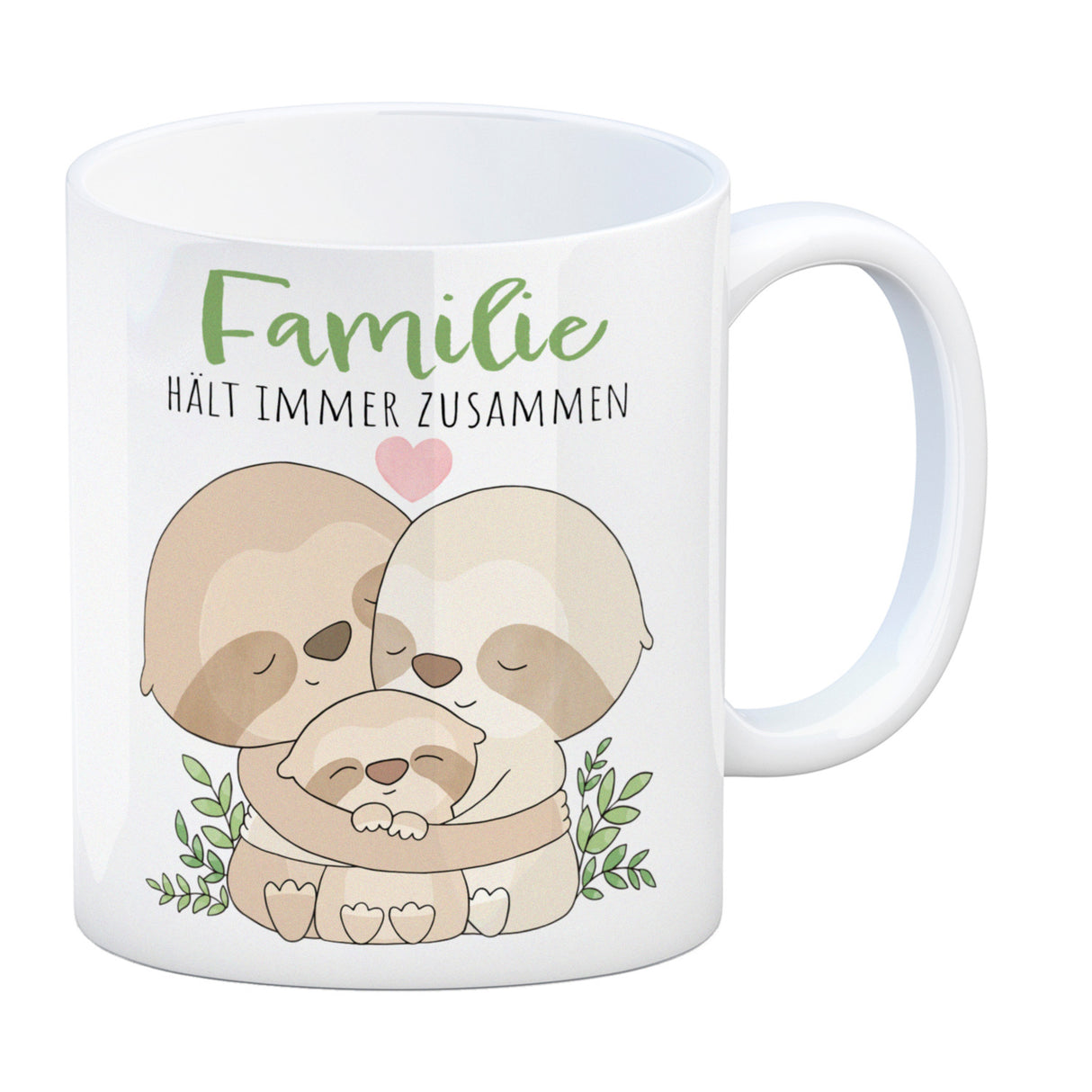Faultier Familie Kaffeebecher mit Spruch Familie hält immer zusammen