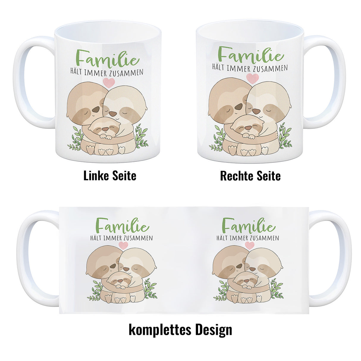 Faultier Familie Kaffeebecher mit Spruch Familie hält immer zusammen