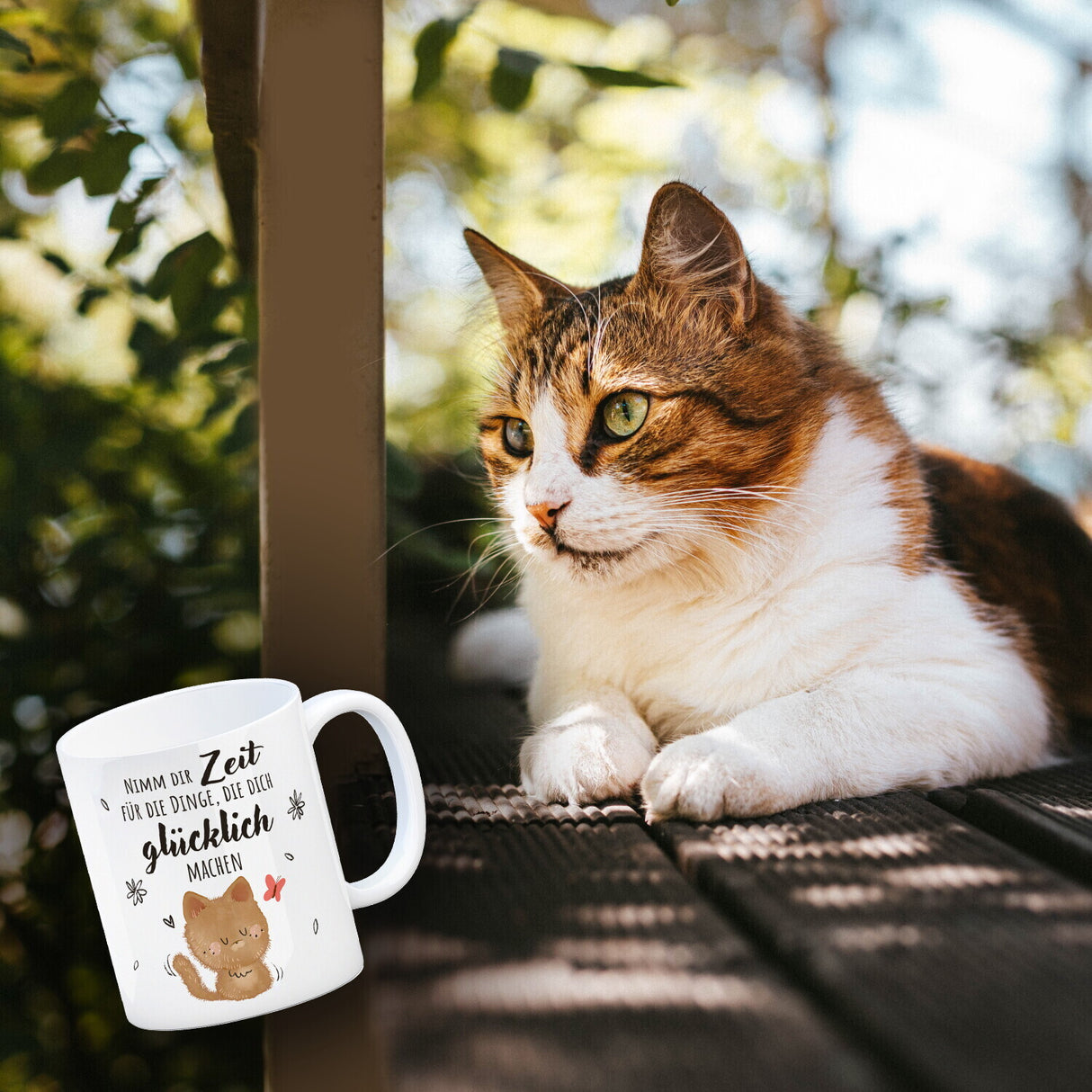 Katze Kaffeebecher mit Spruch Zeit für dein Glück nehmen