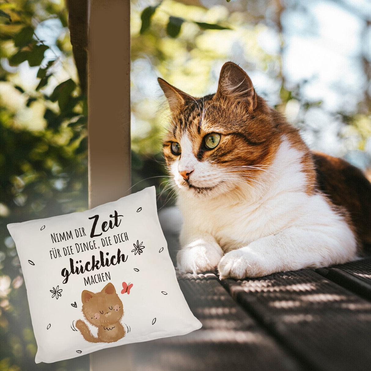 Katze Kissen mit Spruch Zeit für dein Glück nehmen