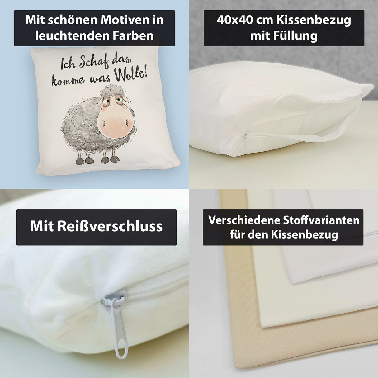 Schaf Kissen mit Spruch Ich Schaf das komme was Wolle